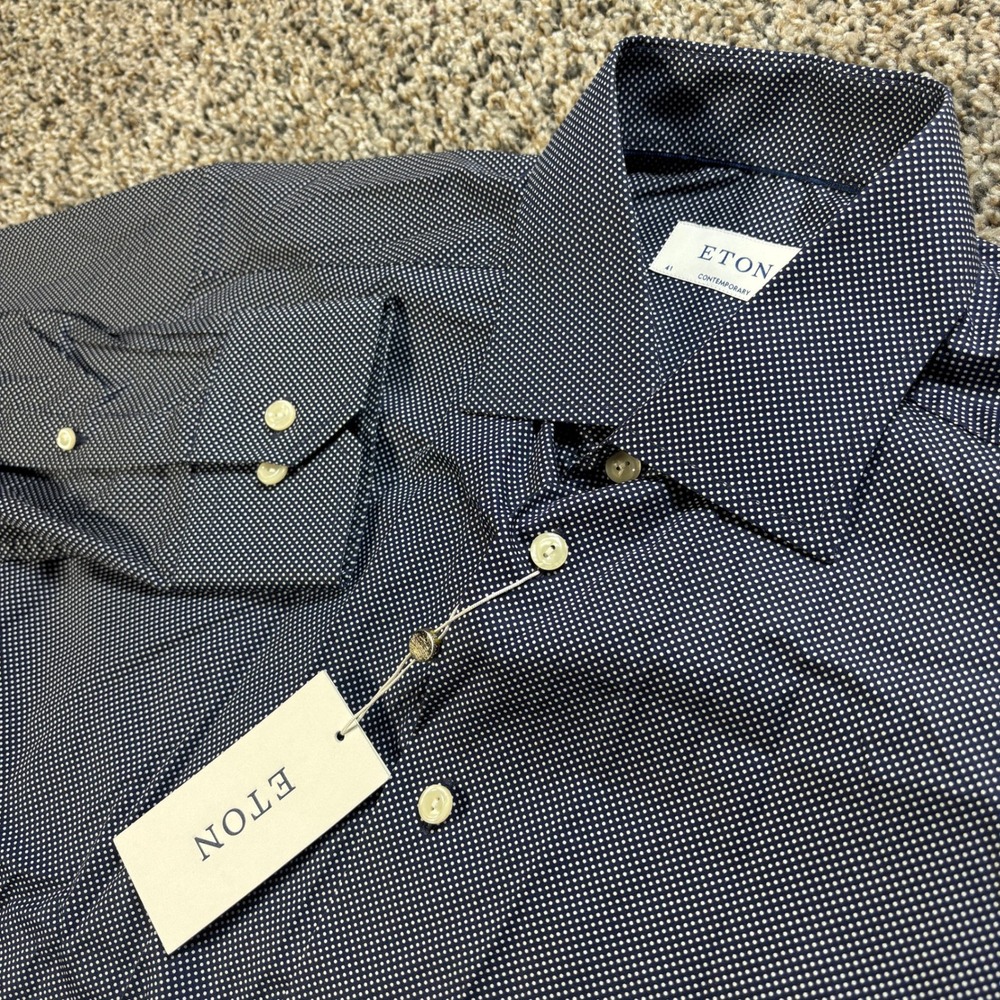 Eton Contemporary Fit Men's Size 41 16 Dress Shirt Navy Blue Micro Polka Dot